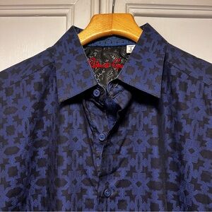 Robert Graham Blue Diamond Pattern Flip Cuff Long Sleeve Button Up Shirt Large